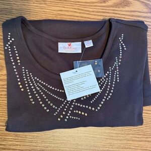 Quacker Factory Embellished Chocolate Brown 3/4 Sleeve Top - Geometric Design